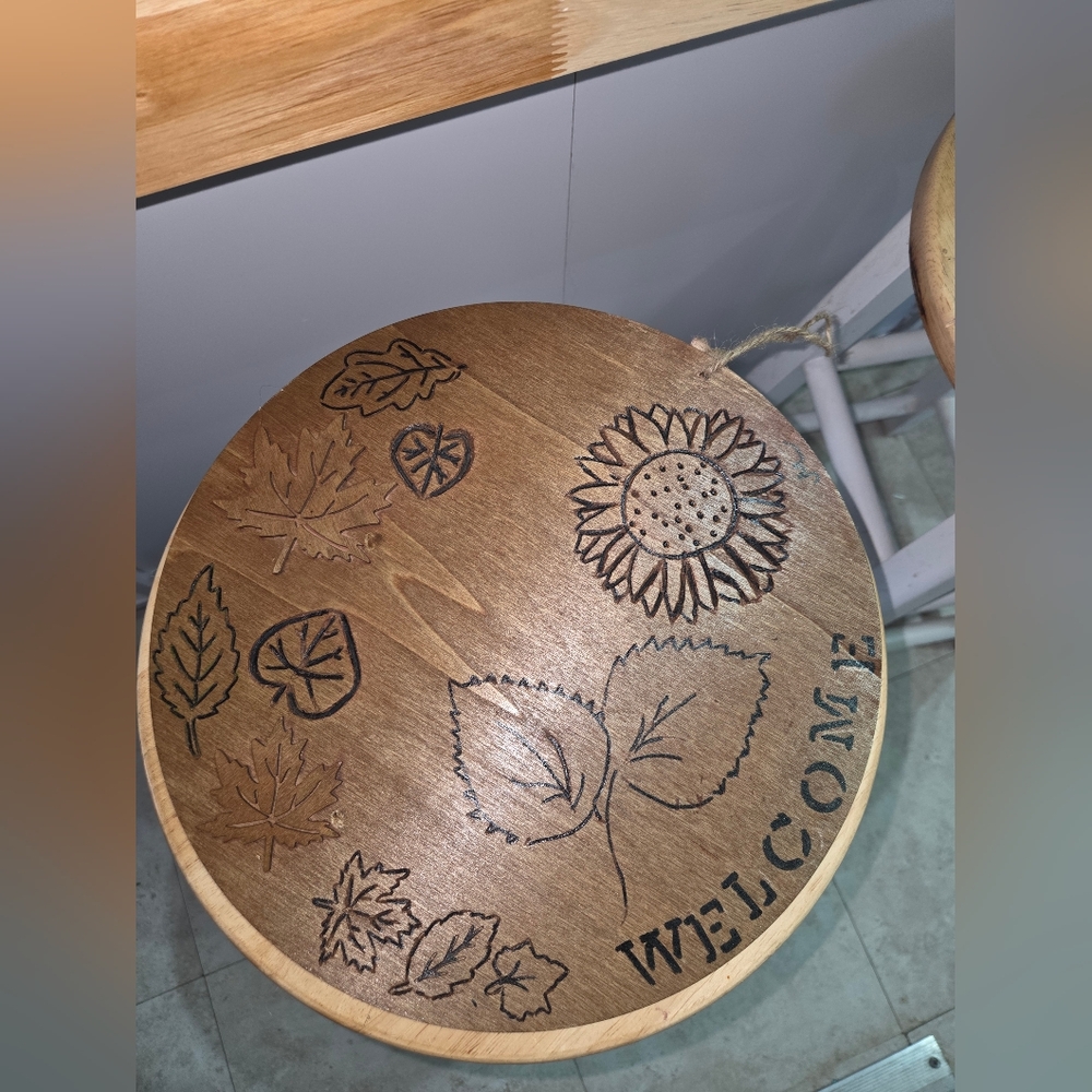Wooden Welcome Sign with Leaf and Sunflower Design Hand Engraved 3D Effect